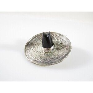 Fancy Sombrero Pin Brooch Sterling Silver & Onyx 925 Marked JE Hat Floral Design